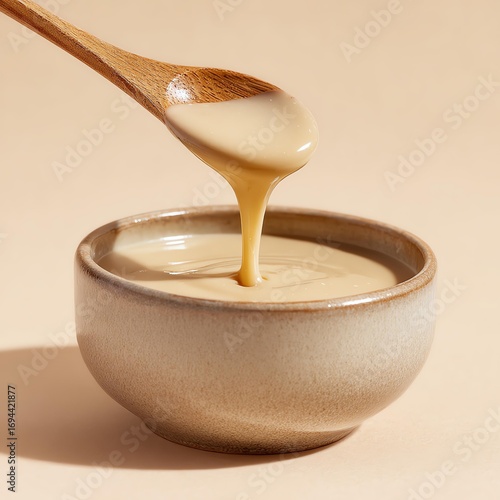 Creamy tahini sauce drizzled from wooden spoon.