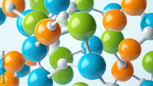 A vibrant, 3D illustration showcases a complex molecular structure.