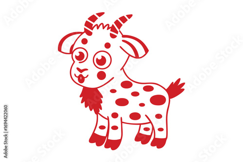 Red dotted cartoon goat playfully sticks out its tongue on a white background