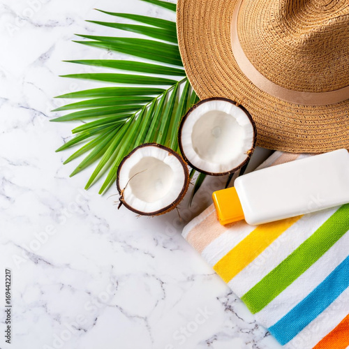 A flat lay featuring halved coconuts, a straw hat, a bottle of sunscreen, and a colorful striped towel, all arranged on a white marble surface with a palm leaf.