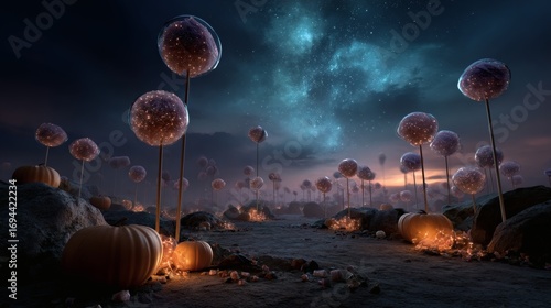 Halloween candy landscape surreal fantasy world oversized sweets lollipops glowing pumpkins whimsical theme 