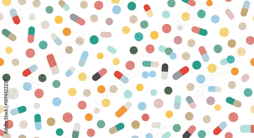 Colorful assortment of pharmaceutical pills and capsules scattered randomly on a white background