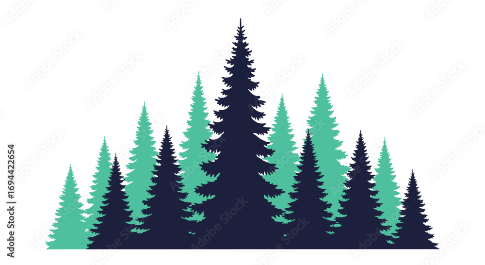 Obraz premium Abstract evergreen forest landscape illustration with dark blue and teal trees