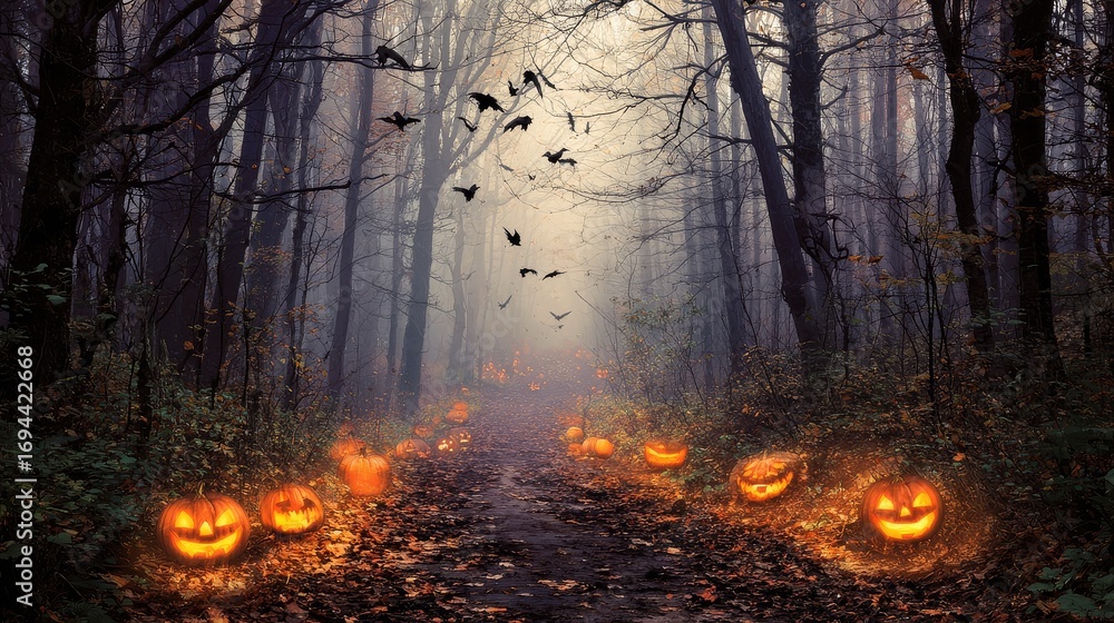 Obraz premium Haunted forest with glowing jack-o’-lanterns lighting misty path, bats flying overhead, high-resolution spooky Halloween artwork