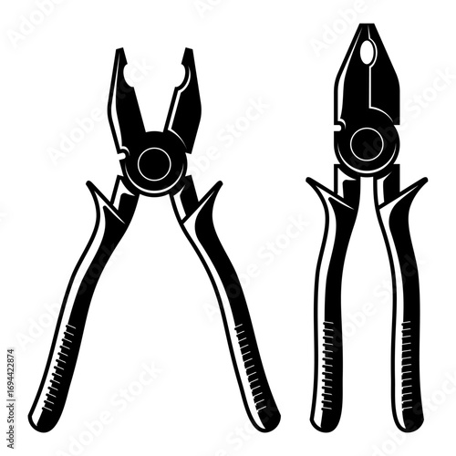 Black and white vector illustration of pliers hand tool icon in silhouette style, carpenter and mechanic repair equipment, electrician and workshop tool symbol isolated on white background EPS