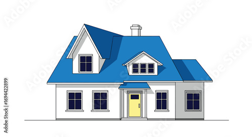 Charming suburban house with blue roof and yellow door