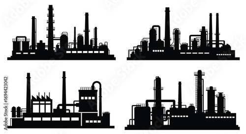 Industrial factory silhouettes manufacturing plant structures complex machinery set
