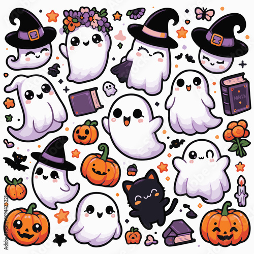 Bundle of kawaii Halloween ghost stickers, each ghost in different poses with pumpkins, black cats, books, flowers, and witch hats, pastel colors, cartoon style,