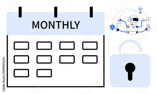 Calendar with Monthly text, AI robot managing cybersecurity tasks, padlock symbol. Ideal for scheduling, technology, data security, automation, cyber protection, workflow simple flat metaphor