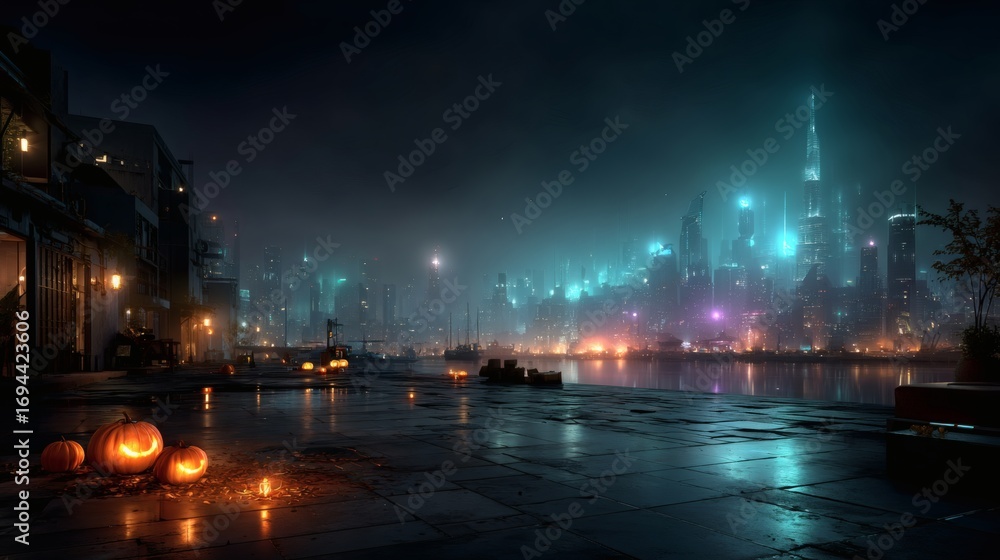 Fototapeta premium Futuristic cyberpunk halloween cityscape glowing neon jack o lanterns digital art concept vibrant night scene mysterious atmosphere 