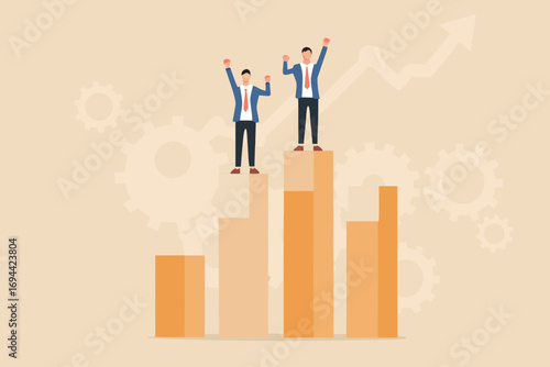 Two businessmen celebrating success on top of a bar graph with upward trending arrow and gears in background