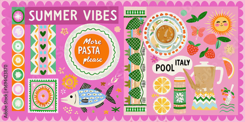 Whimsical summer vibes collage featuring italian food poolside fun and tropical elements