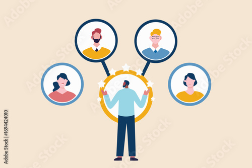 Diverse team members being evaluated and selected by a manager or leader for a project