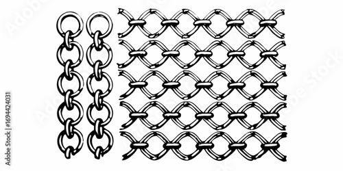 Black and white illustration of a vertical chain and a horizontal woven fence pattern
