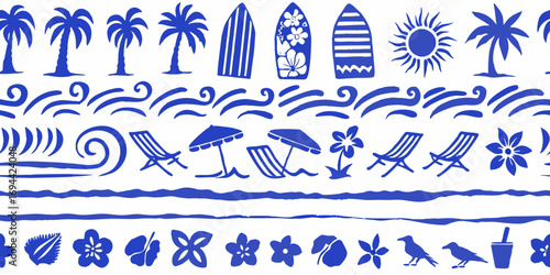 Seamless blue tropical beach vacation pattern with palm trees surfboards sun waves beach chairs umbrellas and flowers