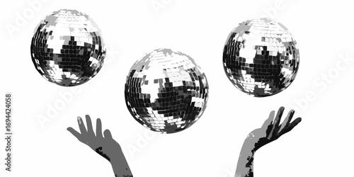 Three disco balls reflecting light with outstretched hands reaching upwards