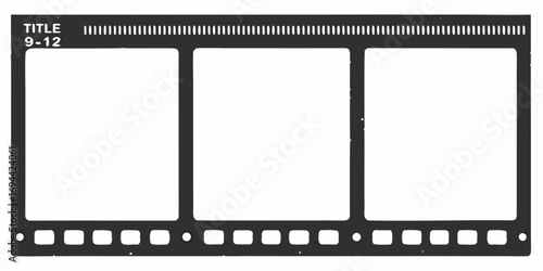 Blank vintage film strip with three empty frames and title text on white background