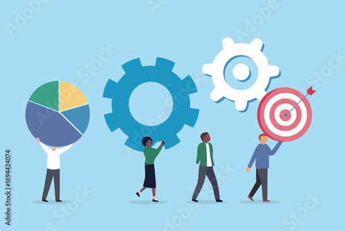 Diverse team collaborates to achieve business goals with data analysis and strategic planning