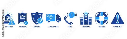 Emergency icon set illustration concept with icon of urgency, medical, safety, ambulance, sos, hospital, rescue, warning