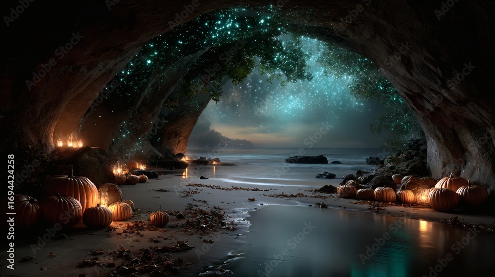 Obraz premium Halloween mystical cave glowing crystals pumpkins bioluminescent water surreal mysterious scene 