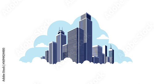 Modern cityscape with tall buildings emerging from clouds