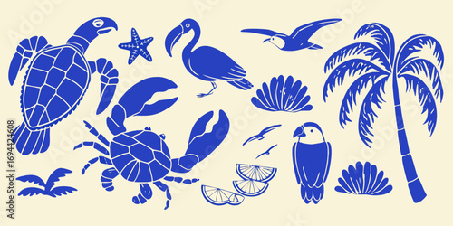 Collection of blue tropical beach and ocean life icons on a cream background