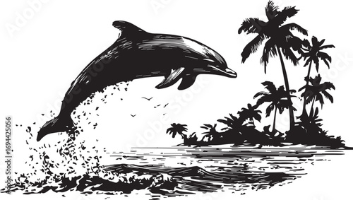 Dynamic dolphin leaping from the water silhouette