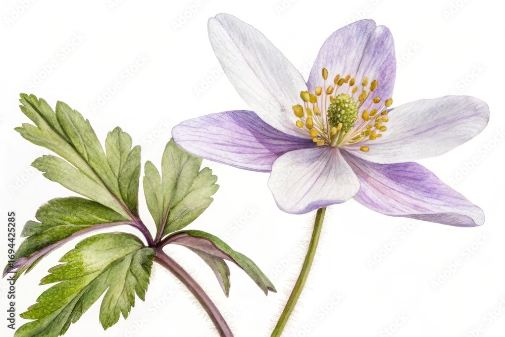 Obraz premium Delicate purple white anemone flower with green leaves image