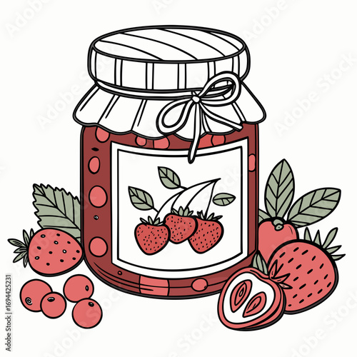 Jar of Homemade Strawberry Jam with Fresh Berries and Leaves in Detailed Illustration