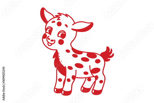 Red outline spotted calf stands happily, with adorable smile on a white background