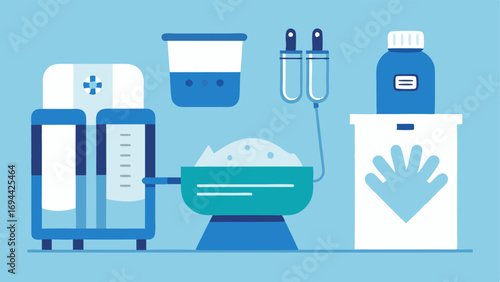 Cold Therapy Equipment Various cryotherapy tools displayed on a table including cryo gloves cryo masks and liquid nitrogen containers all with a clean modern look.