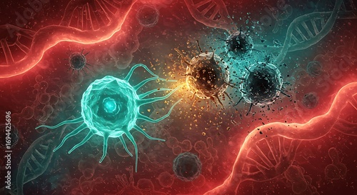 Closeup view of immune cell engaging with viral particles in a biological environment cancer