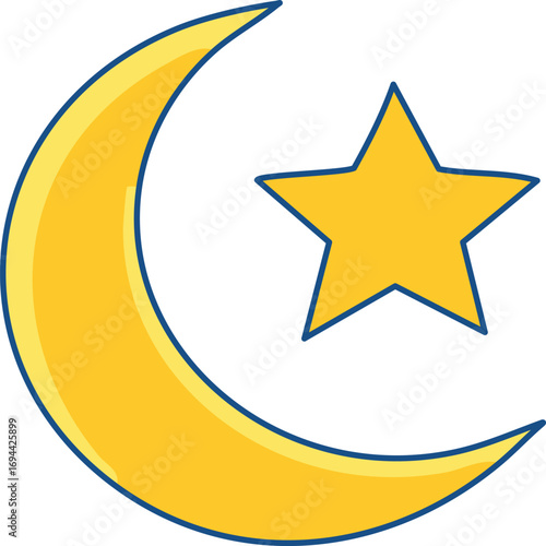 Simple and clean line art illustration of a yellow crescent moon and a five-pointed star. It's a versatile symbol for themes related to nighttime, dreams, astrology, or general celestial motifs. 
