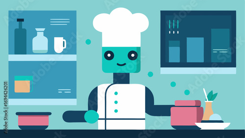 AI Chef A whimsical robot chef cooking a meal in the kitchen with holographic screens showing userspecific nutrition data and recipes.
