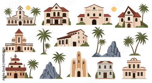 Collection of spanish colonial architectural buildings and palm trees