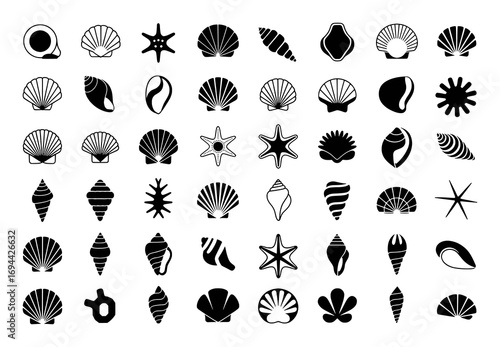Collection of Black and White Seashell and Starfish Icons
