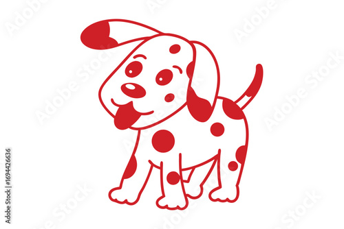 Red outlined cartoon dog with spots playfully sticks its tongue out on a white backdrop