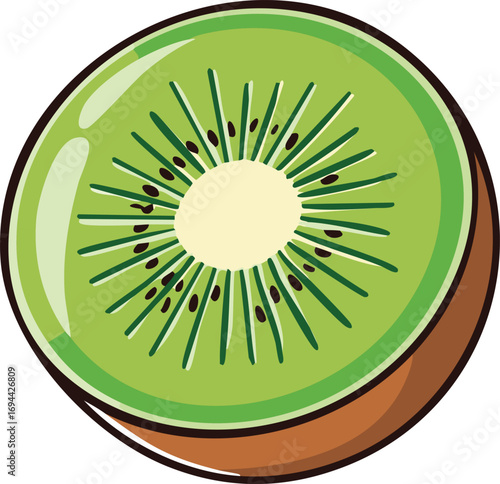 A vibrant, stylized illustration of a halved kiwi fruit, showcasing its green flesh, black seeds, and brown skin.