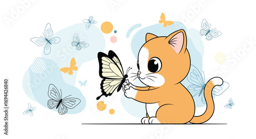 Adorable orange kitten gently reaching out to a delicate butterfly in a dreamy outdoor scene