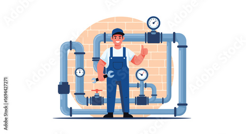 Professional plumber happy service with tools and pipes system