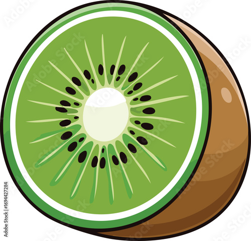 A vibrant, halved kiwi fruit, showcasing its bright green flesh, tiny black seeds, and creamy white core.