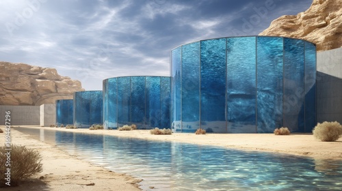 Blue water tanks transparent in desert with flowing canal sand rocky cliffs