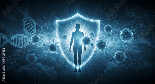 Human silhouette within a glowing shield, surrounded by virus particles and dna strands, representing immunity cancer