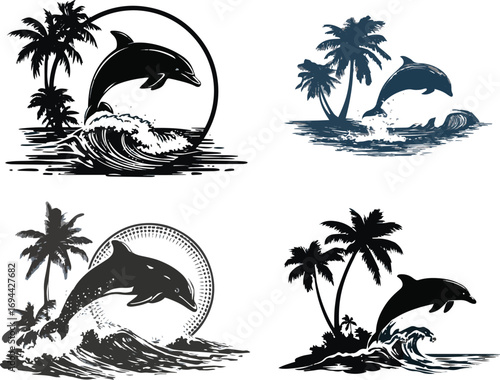 Dolphin jumping over water with palm trees silhouette