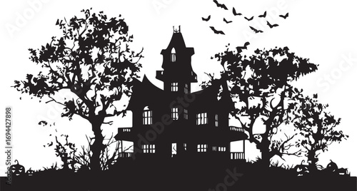Spooky haunted house with bats silhouette