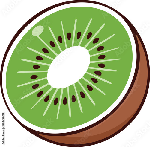 A vibrant, stylized illustration of a halved kiwi fruit, showcasing its green flesh and black seeds.