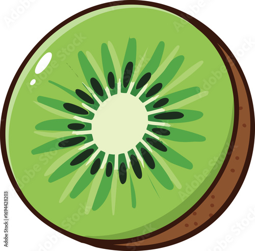 Cartoon slice of a kiwi fruit, showing the green flesh and brown seeds.