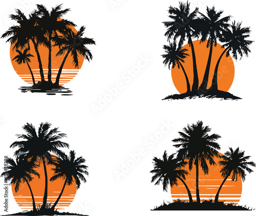Silhouettes of palm trees on four tropical islands, with a silhouette of the sun in the background