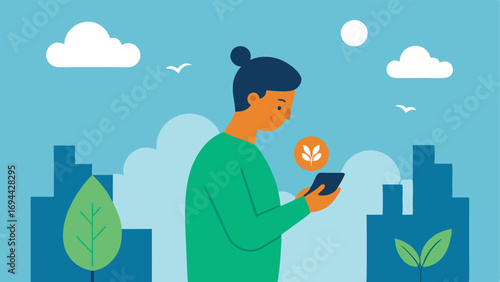 Ecological Impact A person outdoors checking their smarch for an ecofriendly reminder displaying a leaf icon related to their energy consumption stats.