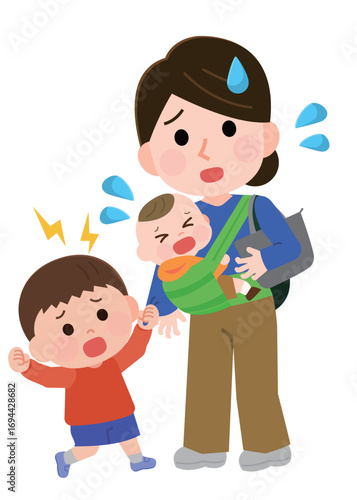 ワンオペ育児に追われる母親と子ども　イラスト